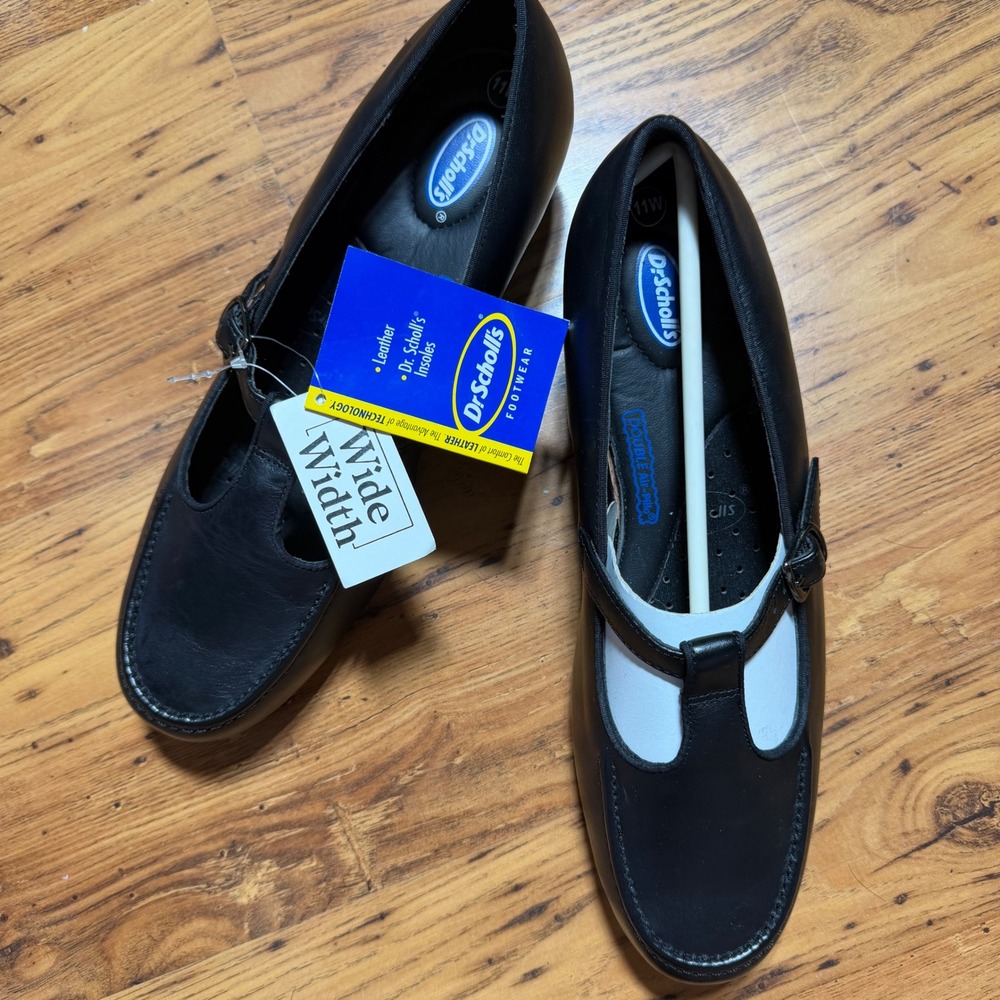 Dr Scholls‎ Black Leather T-Strap Mary Jane Block Heel Pumps Wide Width 11W NEW